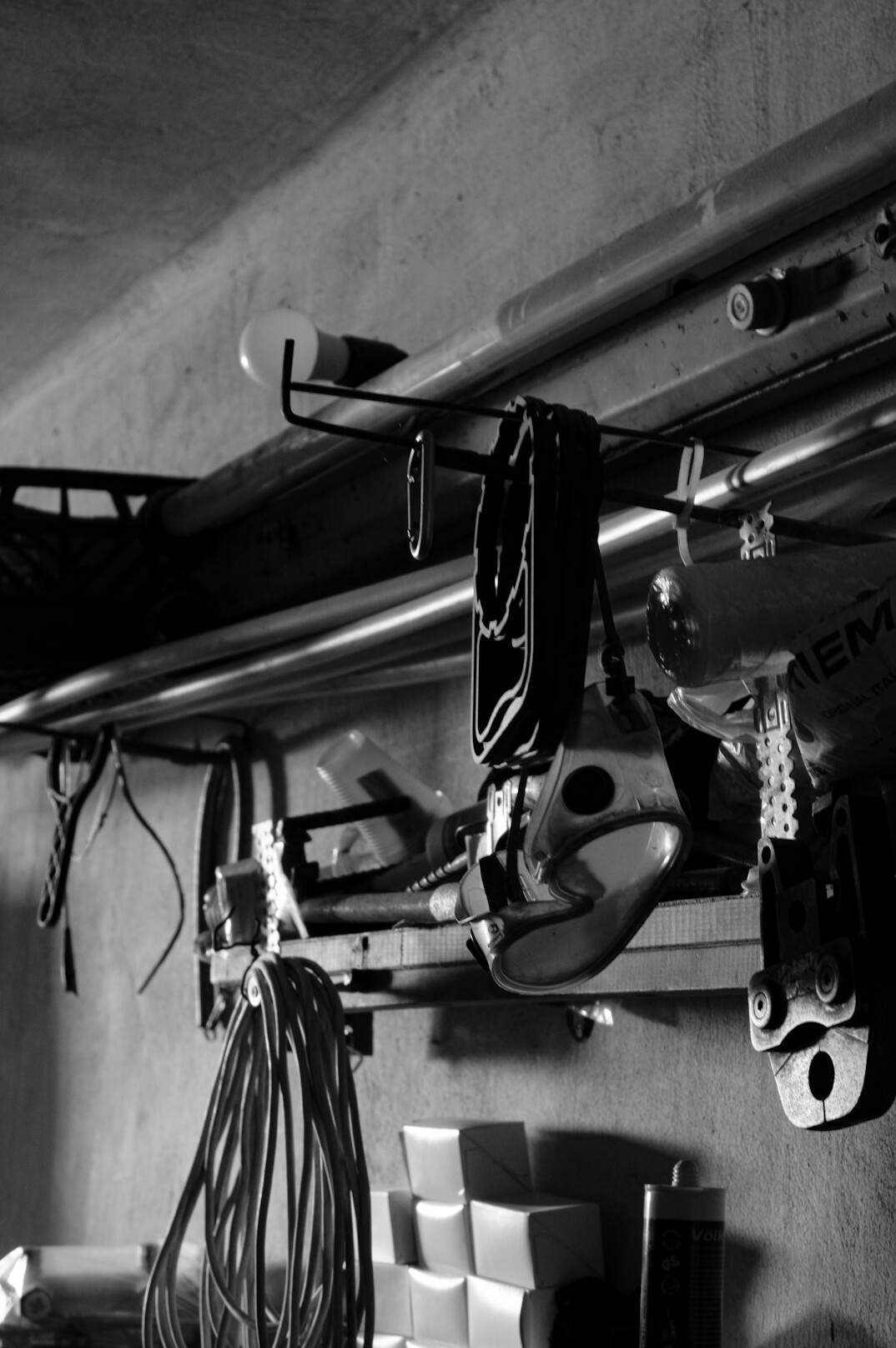 Studio lighting rig hanging above a television set