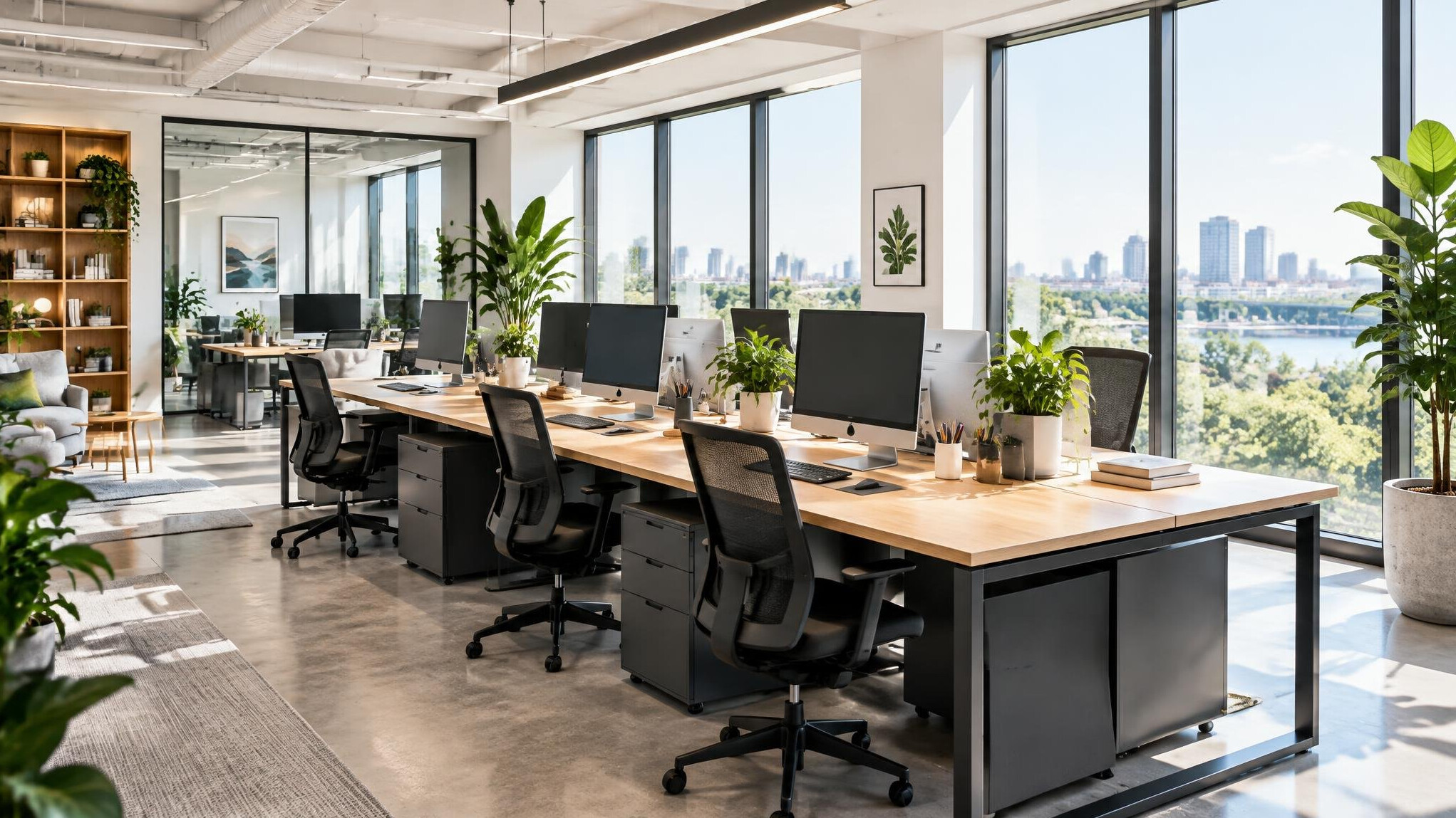 Bright modern production office with desks and large windows