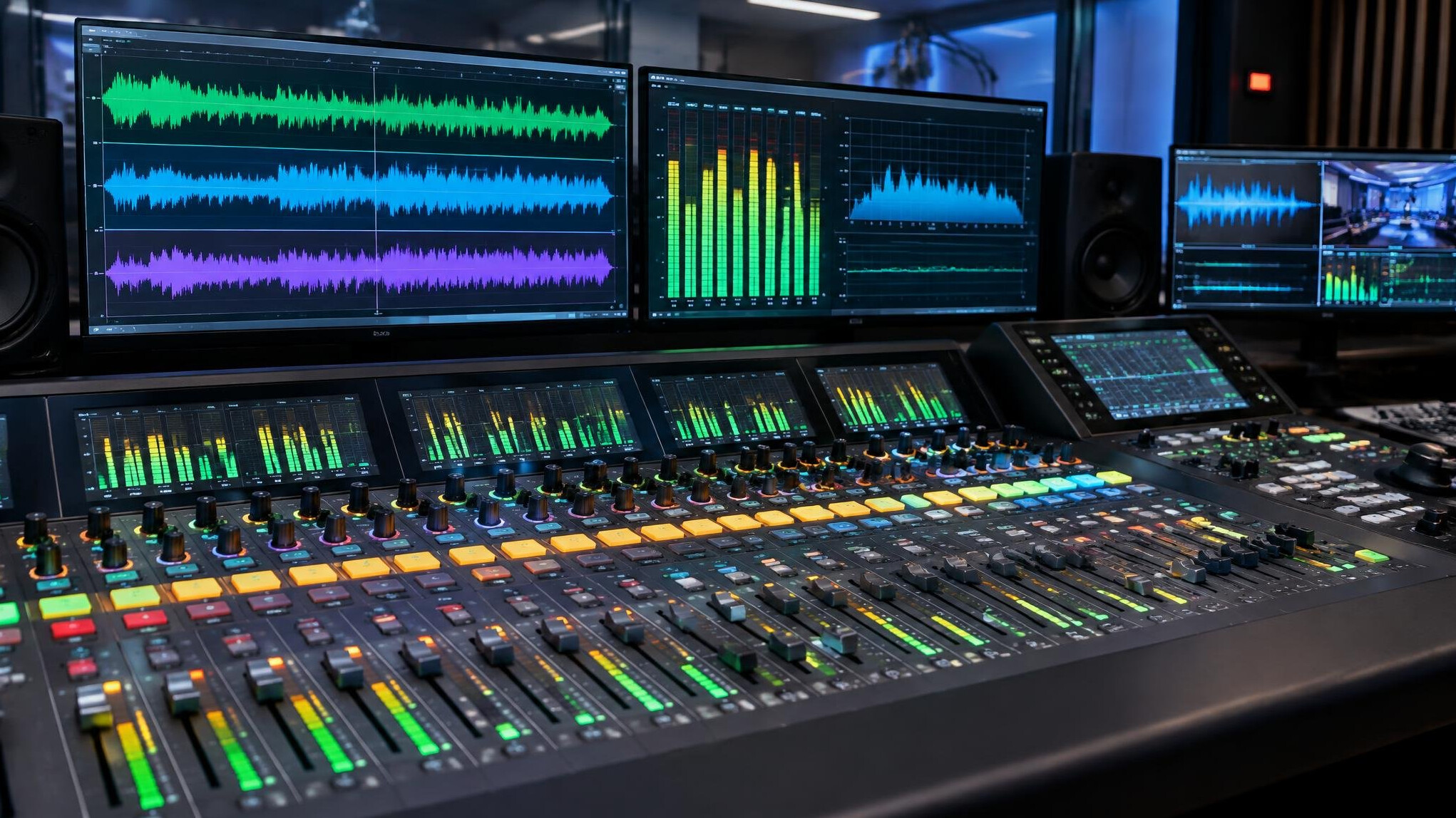Audio mixing console in a broadcast sound room