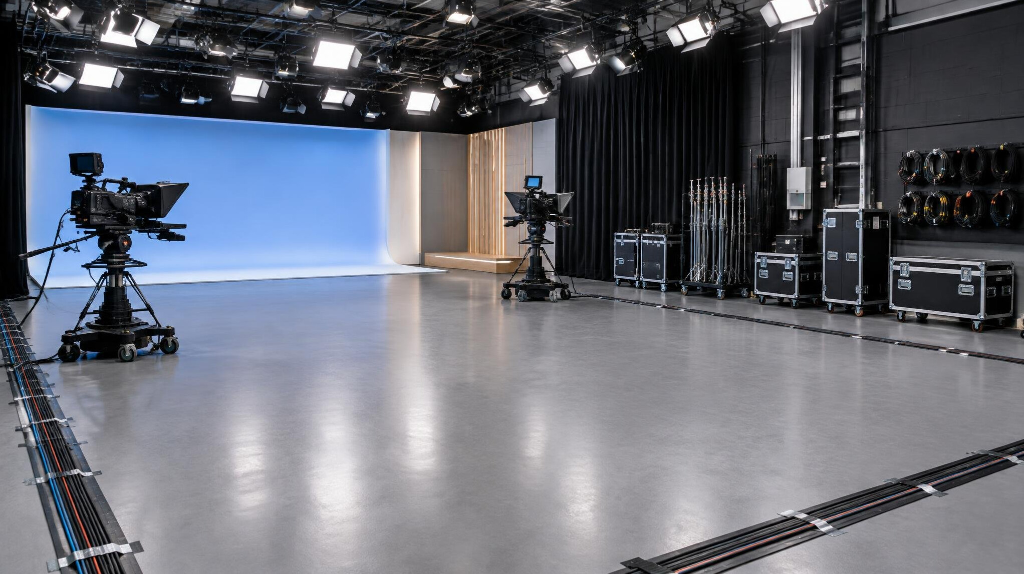 Empty television studio floor with cables and equipment